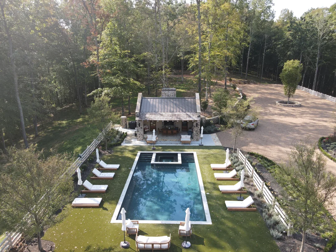 Completed pool-surround landscape from above